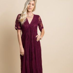 PinkBlush Burgundy Lace Mesh Overlay Maxi Dress